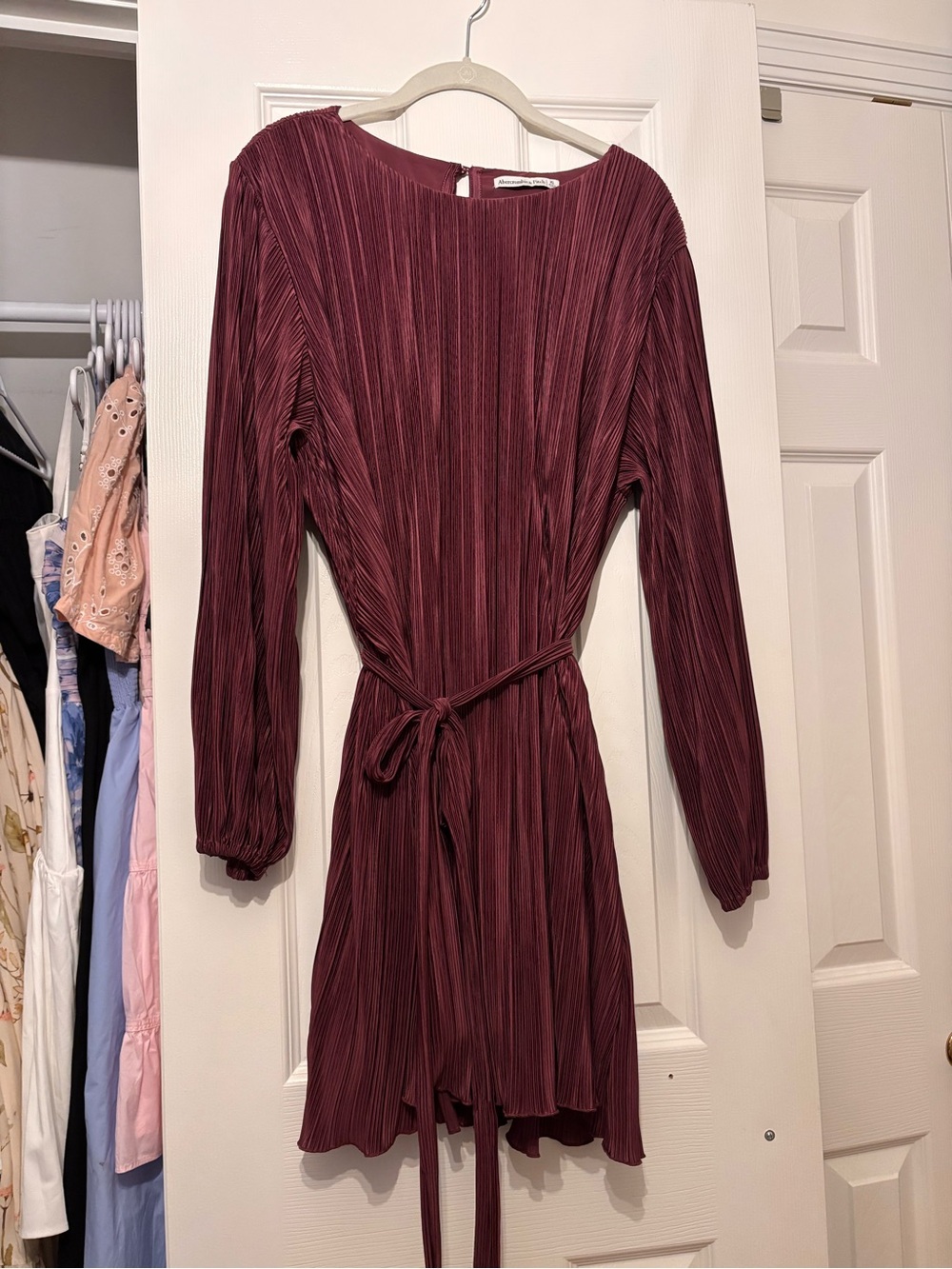 Abercrombie & Fitch Long-Sleeve Pleated Wine Dress with Tie Waist